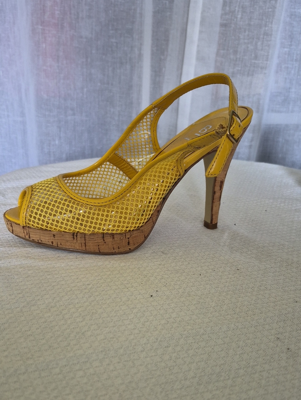 Yellow, Mesh And Cork Platform Heels